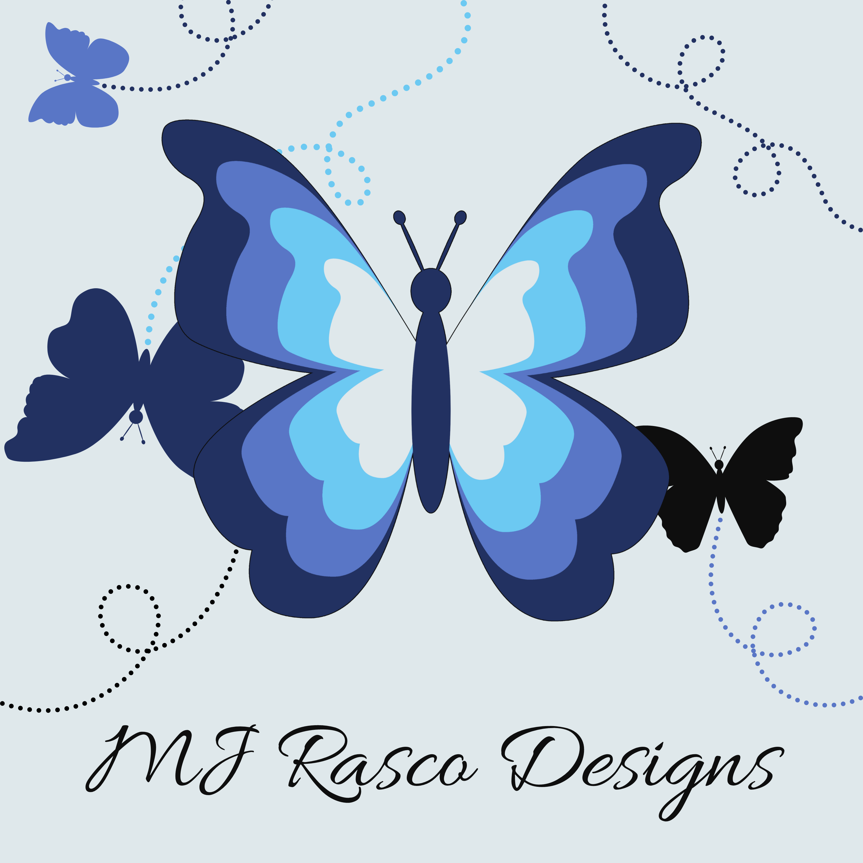 MJ Rasco Designs butterfly logo with small butterflies flying around it and MJ Rasco Designs written under butterfly